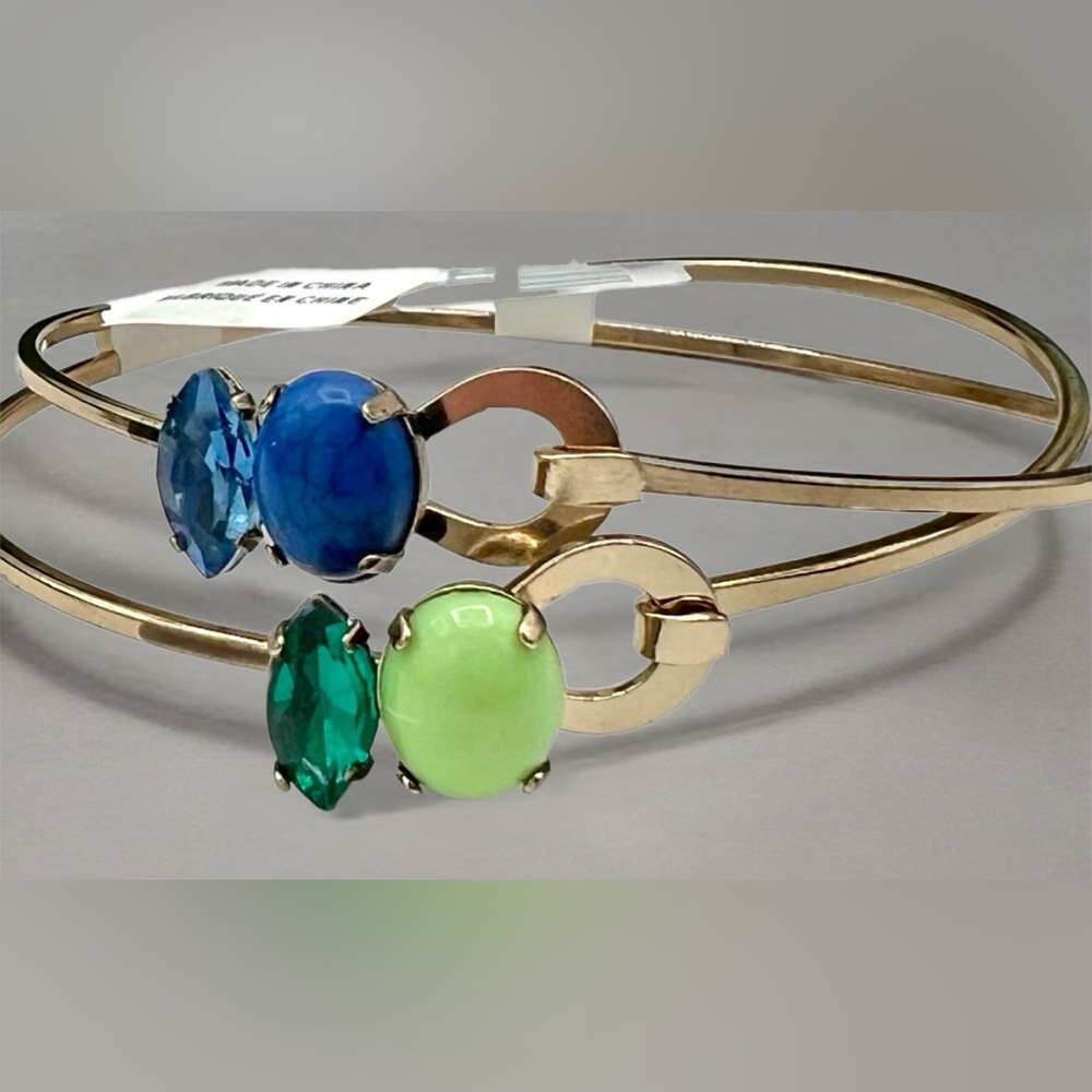 Anthropology Elegant Gold Bangle Set with Blue and Green Stones